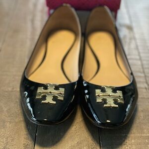 Tory Burch Black and Gold Flats with Logo